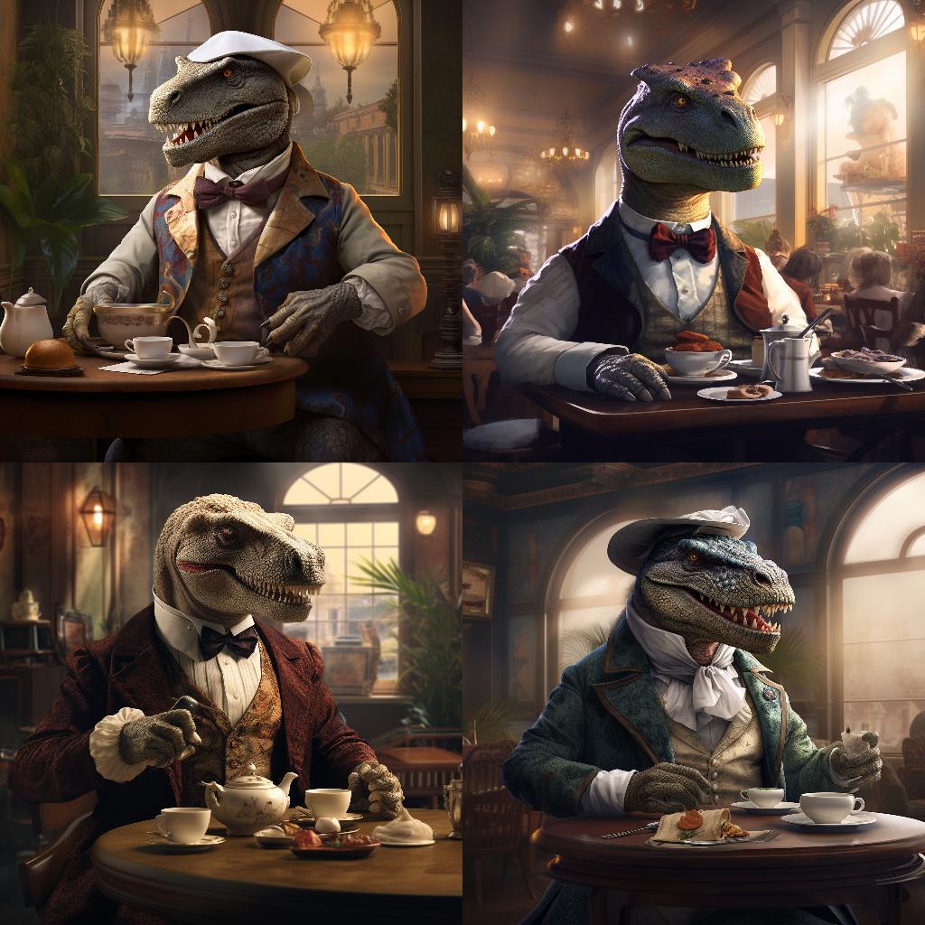 Midjourney 2023/09/23: A Dinosaur sitting at a Victorian-style Restaurant